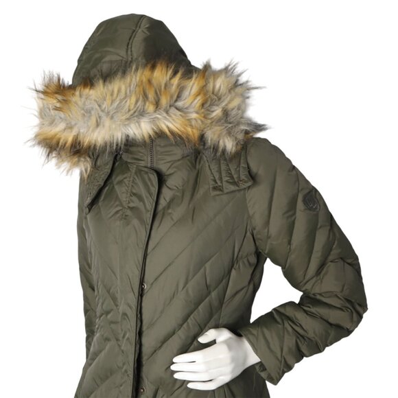 Larry Levine Long Midi Down Filled Parka Coat Faux Fur Hood Olive Green Quilted - Picture 10 of 15